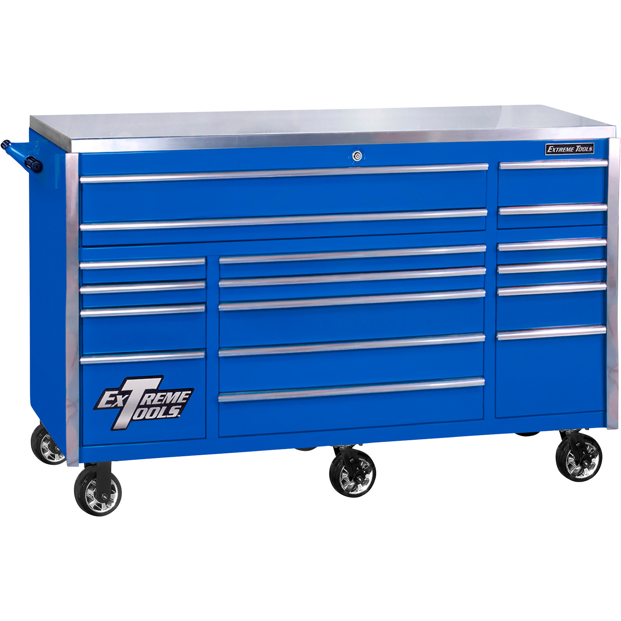 Extreme Tools EXQ Professional Series Roller Cabinet - 72in.W, 17 Drawers, Triple Bank, Stainless Steel Work Surface, Blue/Chrome, Model# EX7217RCQBLCR